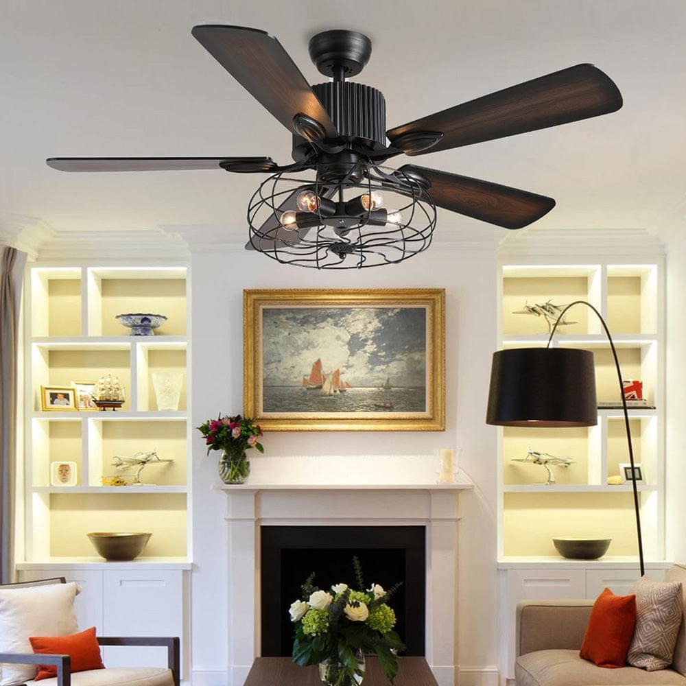 5 - Blade Industrial Caged Ceiling Fan With Remote Control | LumiMuse