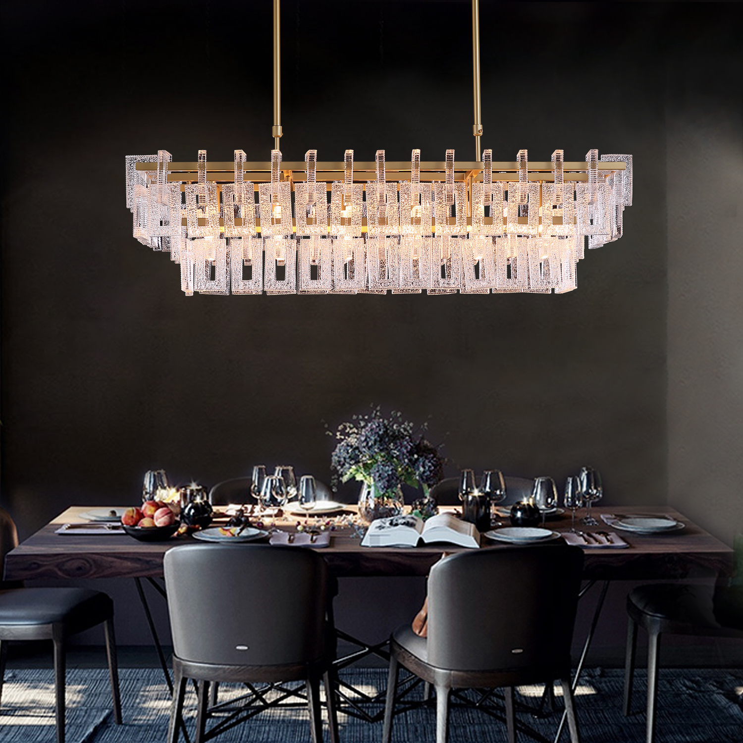 Modern Gold Frame Glass Linear Chandelier - Dining Room | LumiMuse