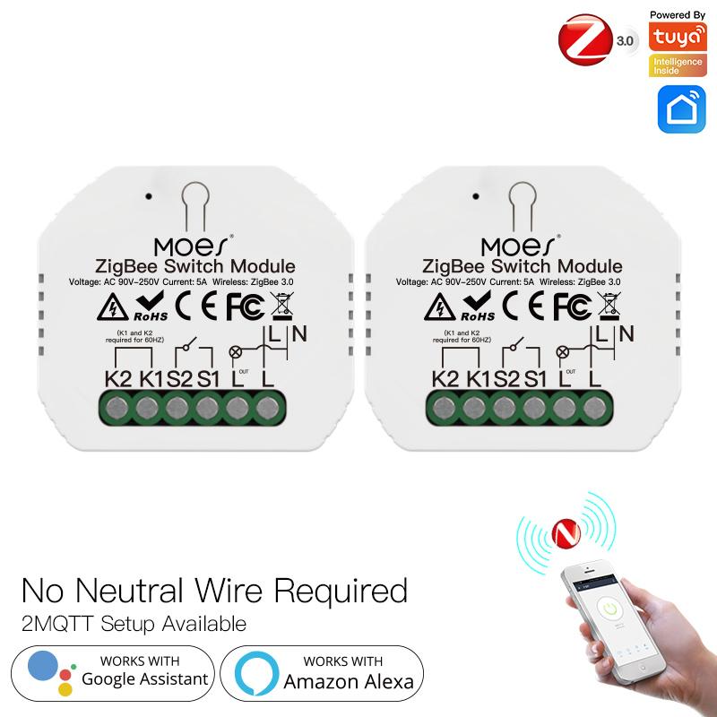 ZigBee Smart Light Switch Module Tuya No Neutral Wire 2 Way Required 2MQTT Relay