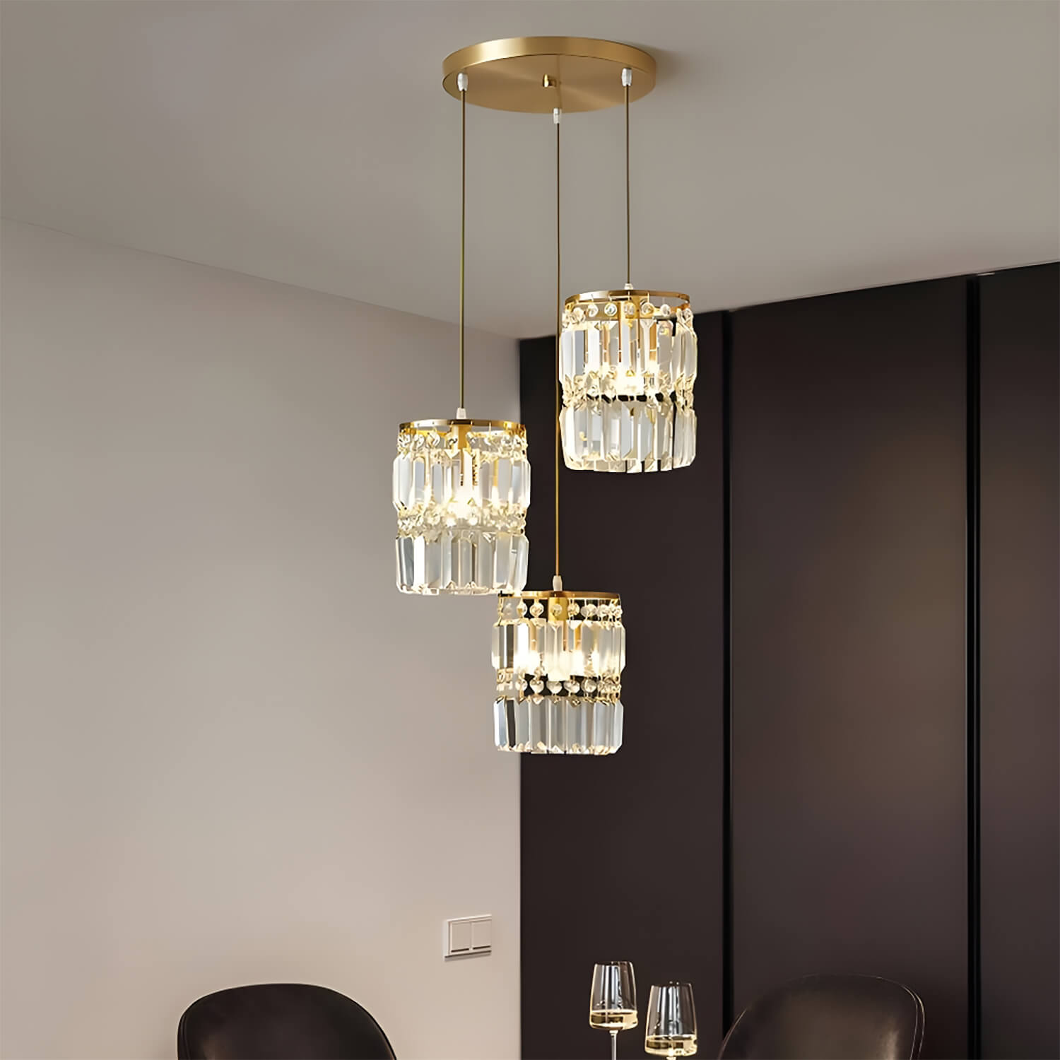 3-Light Gold Crystal Chandelier - Linear Pendant Light | Lumimuse