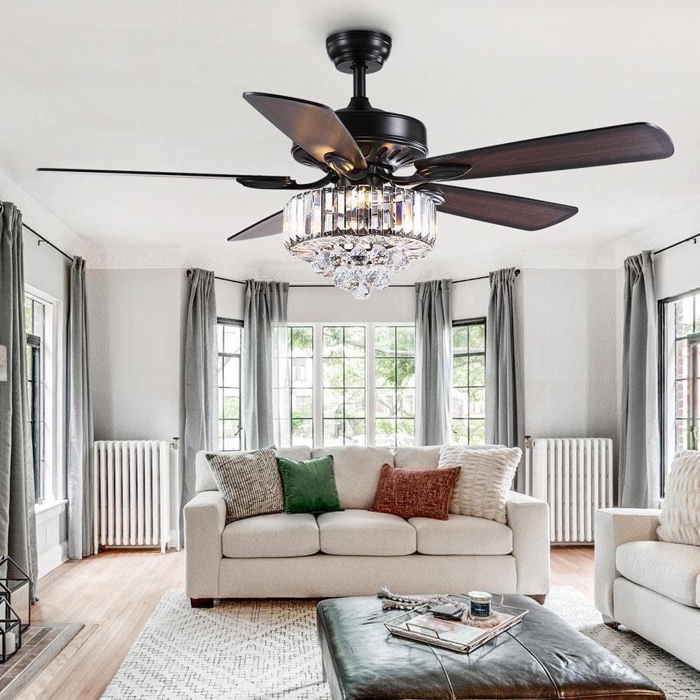 5 - Black Blade Clear Crystal Ceiling Fan with Remote Control for Living Room | LumiMuse