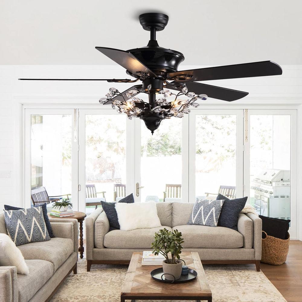 5 - Blade Black Crystal Branch Ceiling Fan with Remote Control | LumiMuse