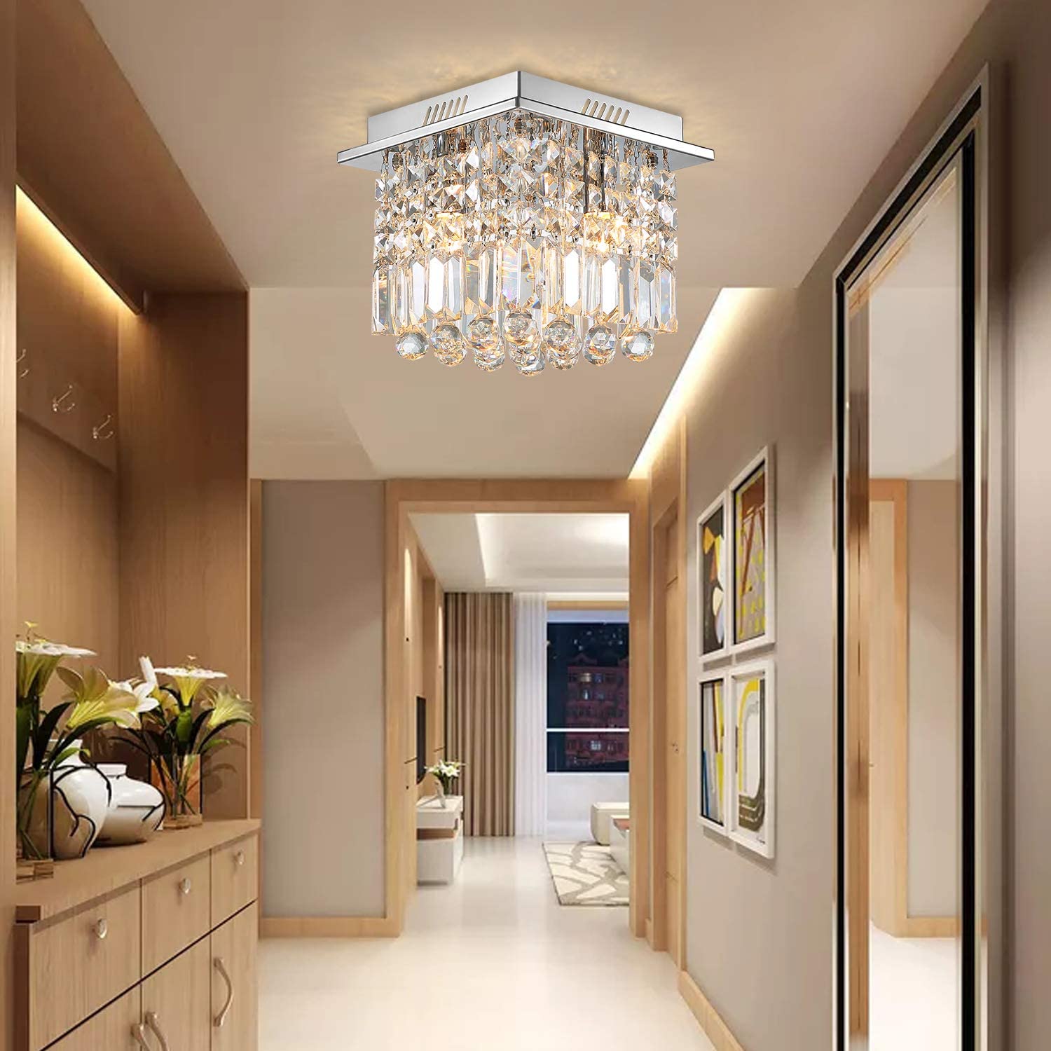 Small Square Hallway Crystal Chandelier - Ceiling Light | LumiMuse