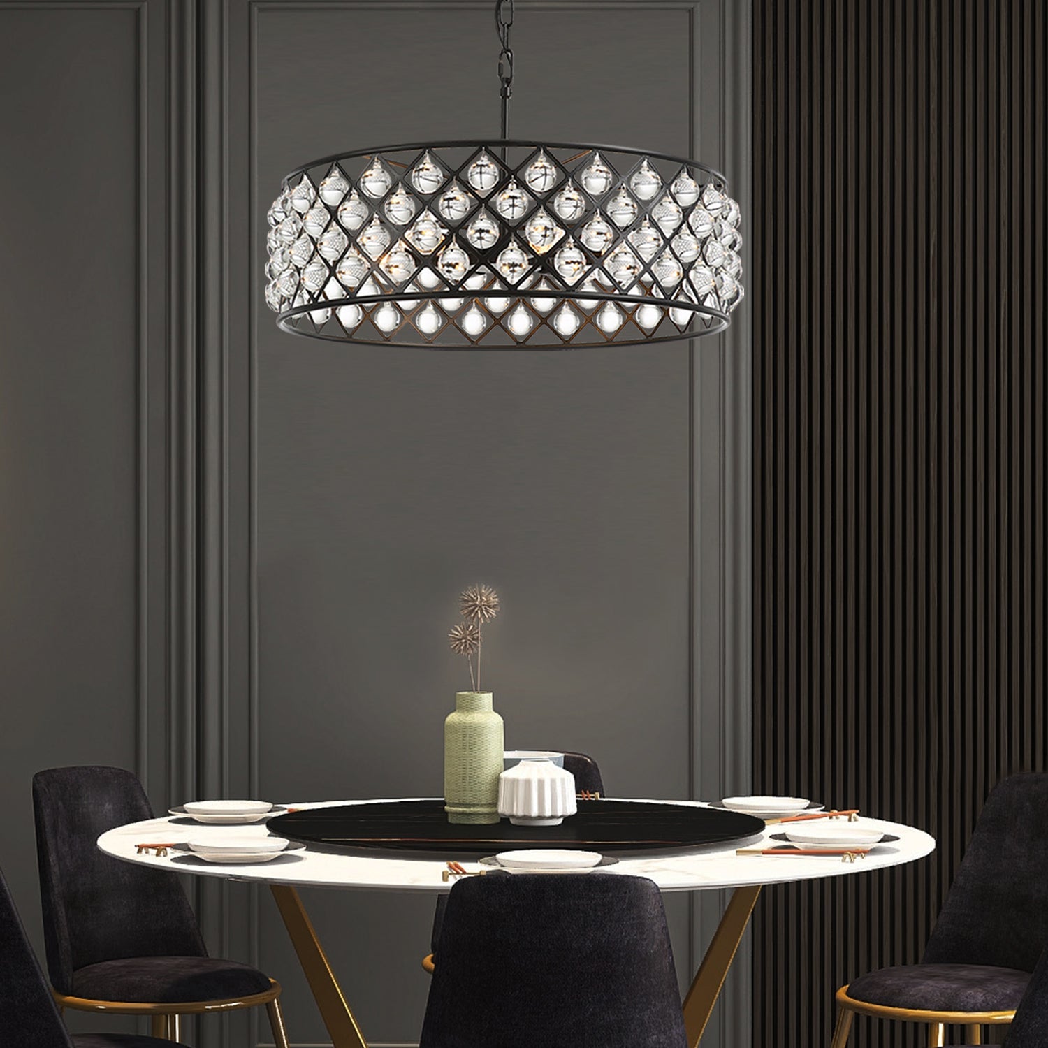 Black Drum Shape Crystal Chandelier - Pendant Light | LumiMuse