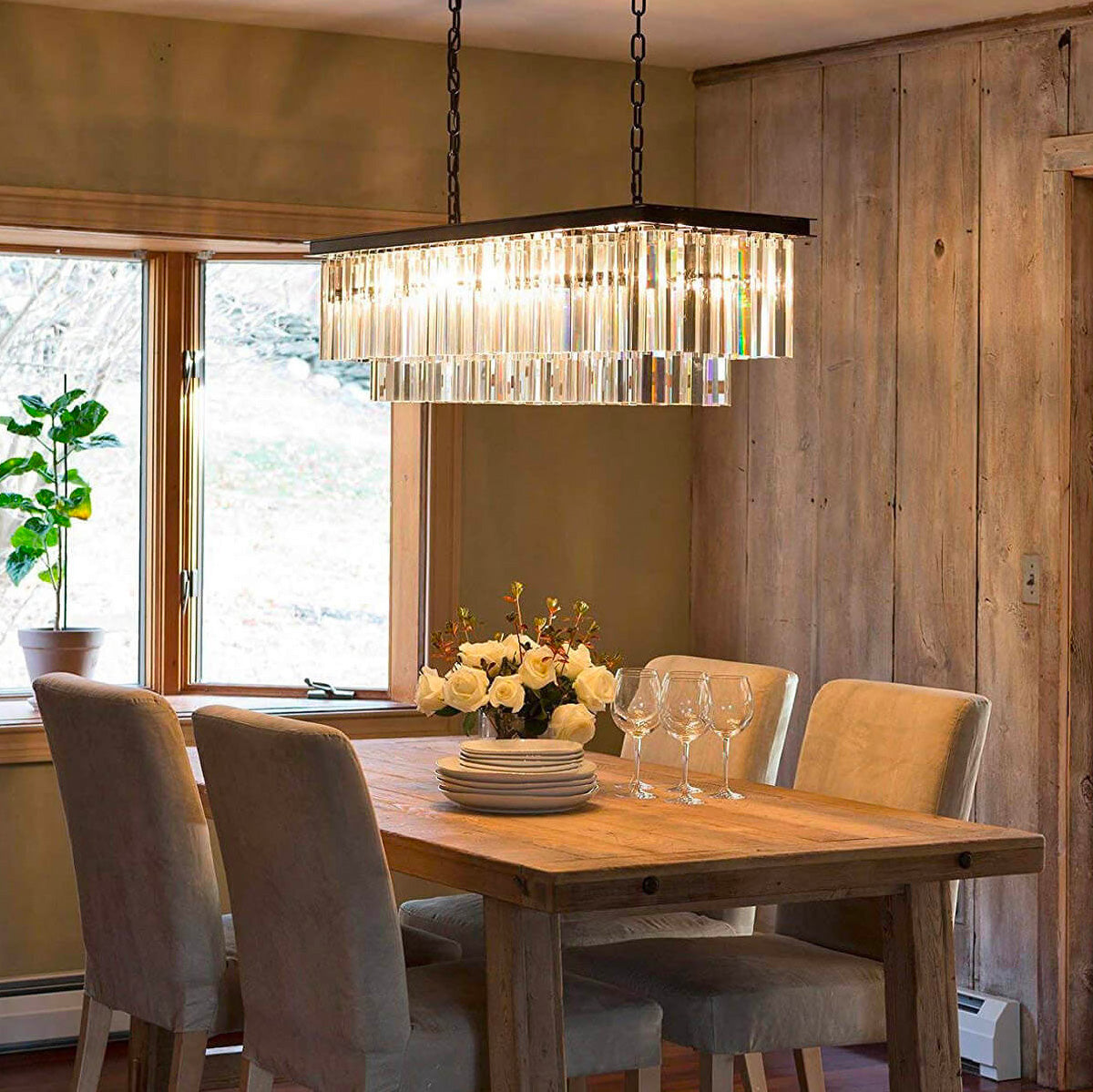 Vintage Clear Crystal Rectangular Chandelier - Dining Room | LumiMuse