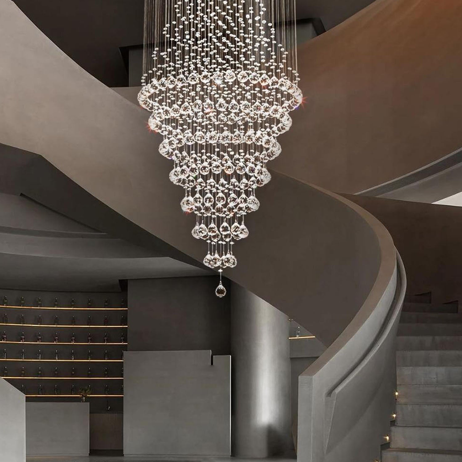 Luxury Modern Round Crystal Chandelier - Staircase Lighting Fixture | LumiMuse