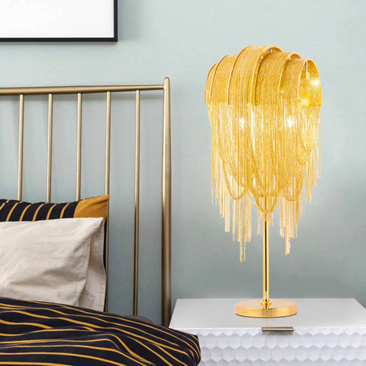 Postmodern Bedroom Tassel Aluminum Chain Table Lamp | Lumimuse