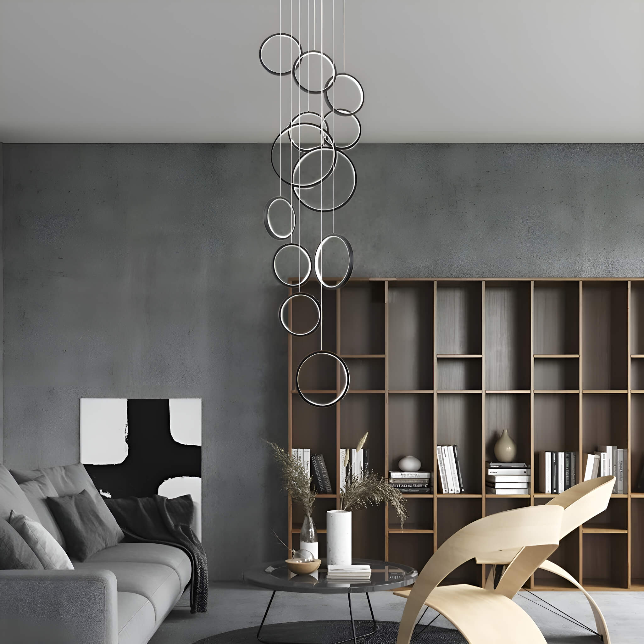 Lumimuse Elegance: Black Rings LED Chandelier for Modern Minimalist Foyers