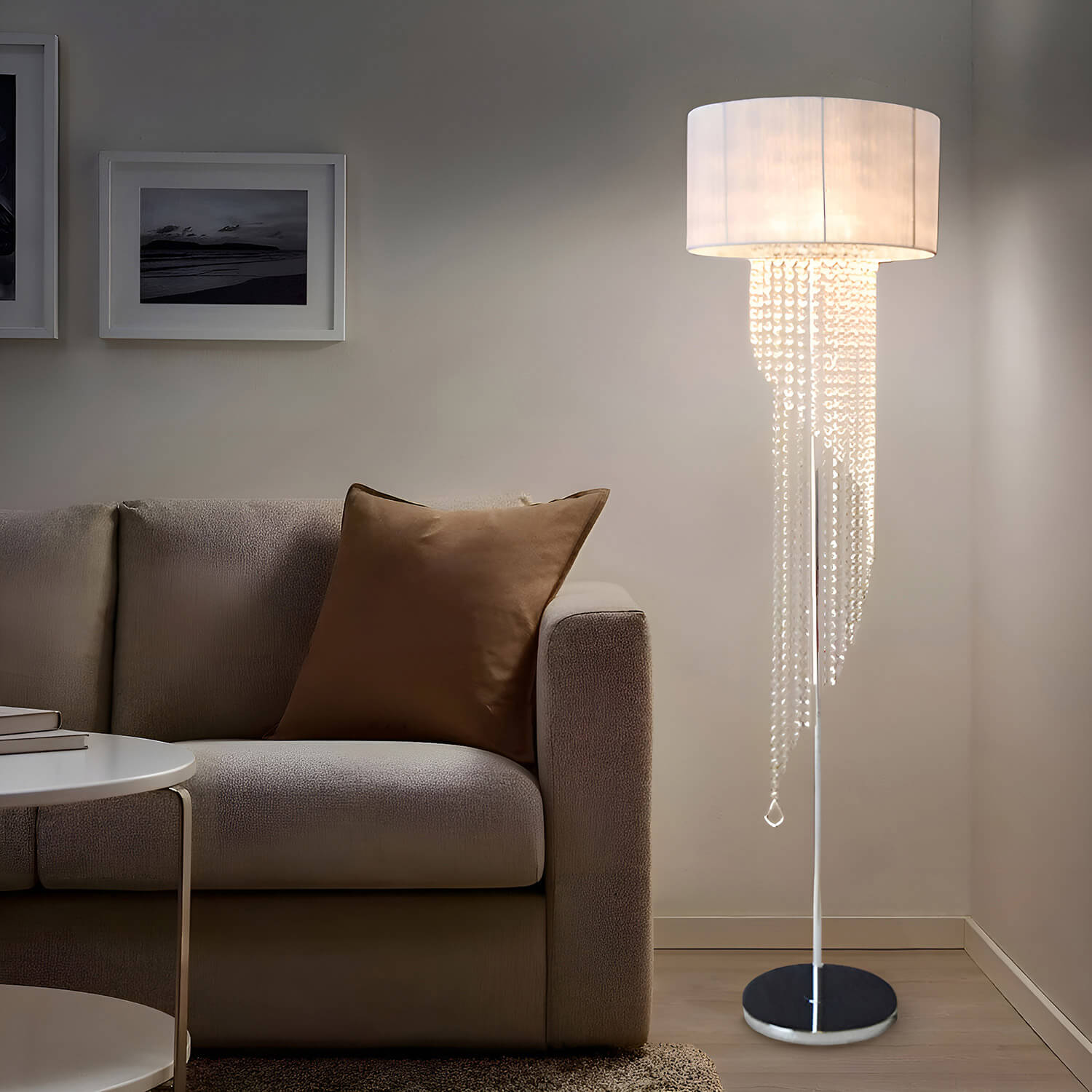 Modern Crystal White Floor Lamp with Elegant Vertical Cloth Shade Pendant Lamp | Lumimuse