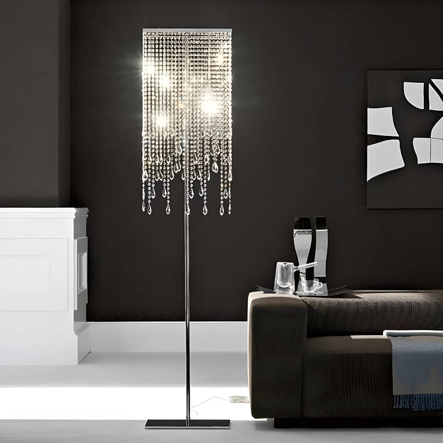 Modern Crystal Silver Floor Lamp with Elegant Vertical Raindrop Square Lampshade | Lumimuse