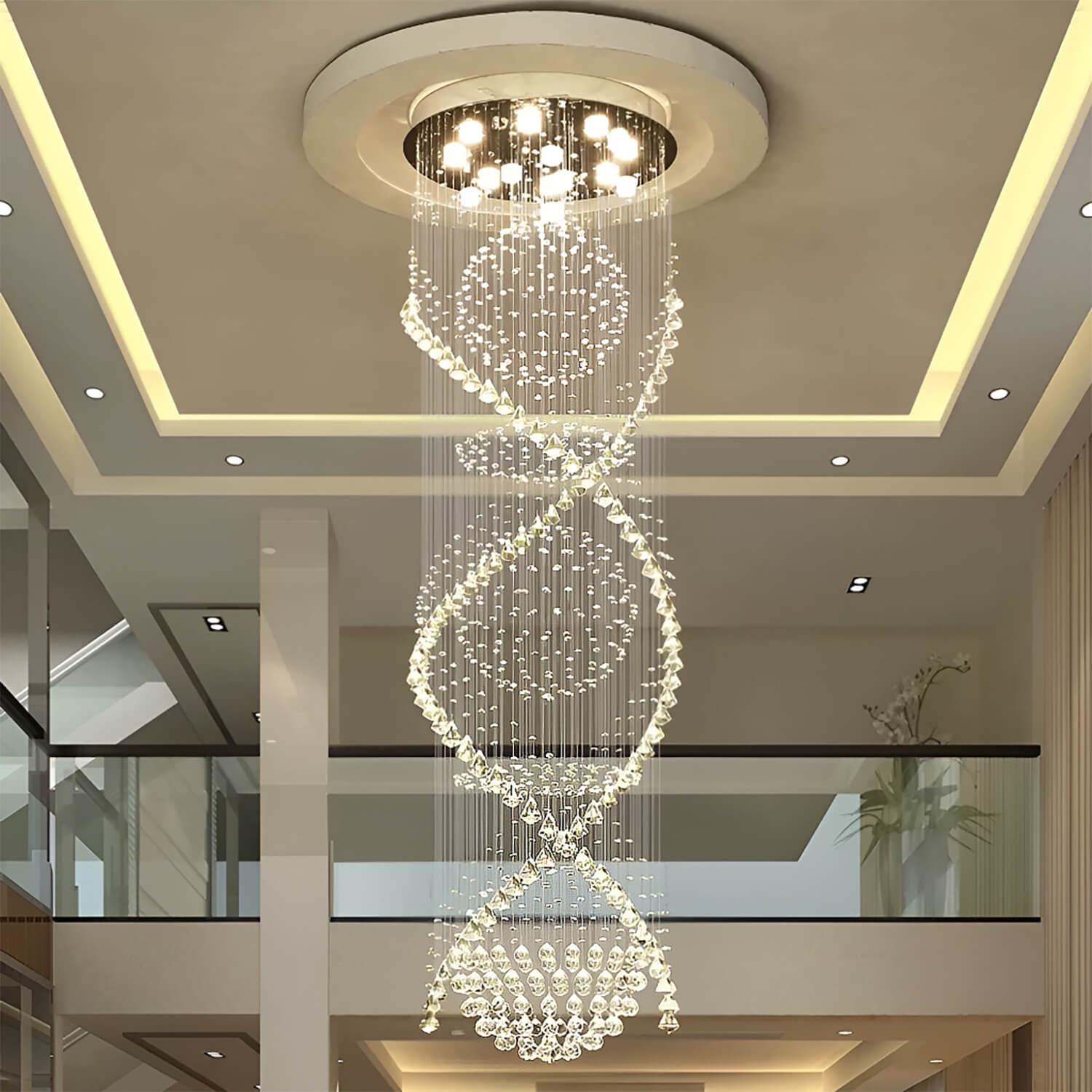 Double Spiral  Crystal Chandelier With Three Spheres For Foyer | LumiMuse