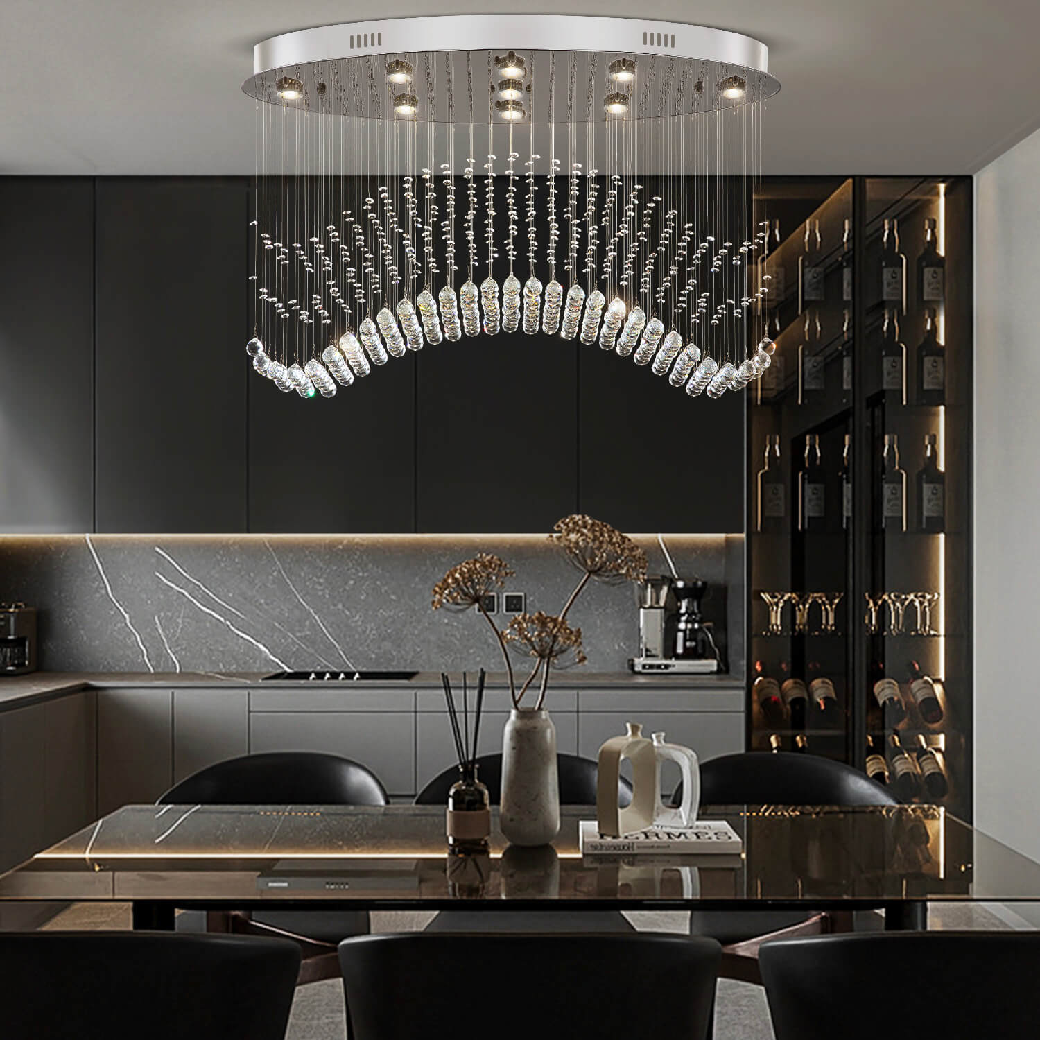 Modern Wave Rain Drop Clear Crystal Chandelier - Oval Ceiling Light | LumiMuse