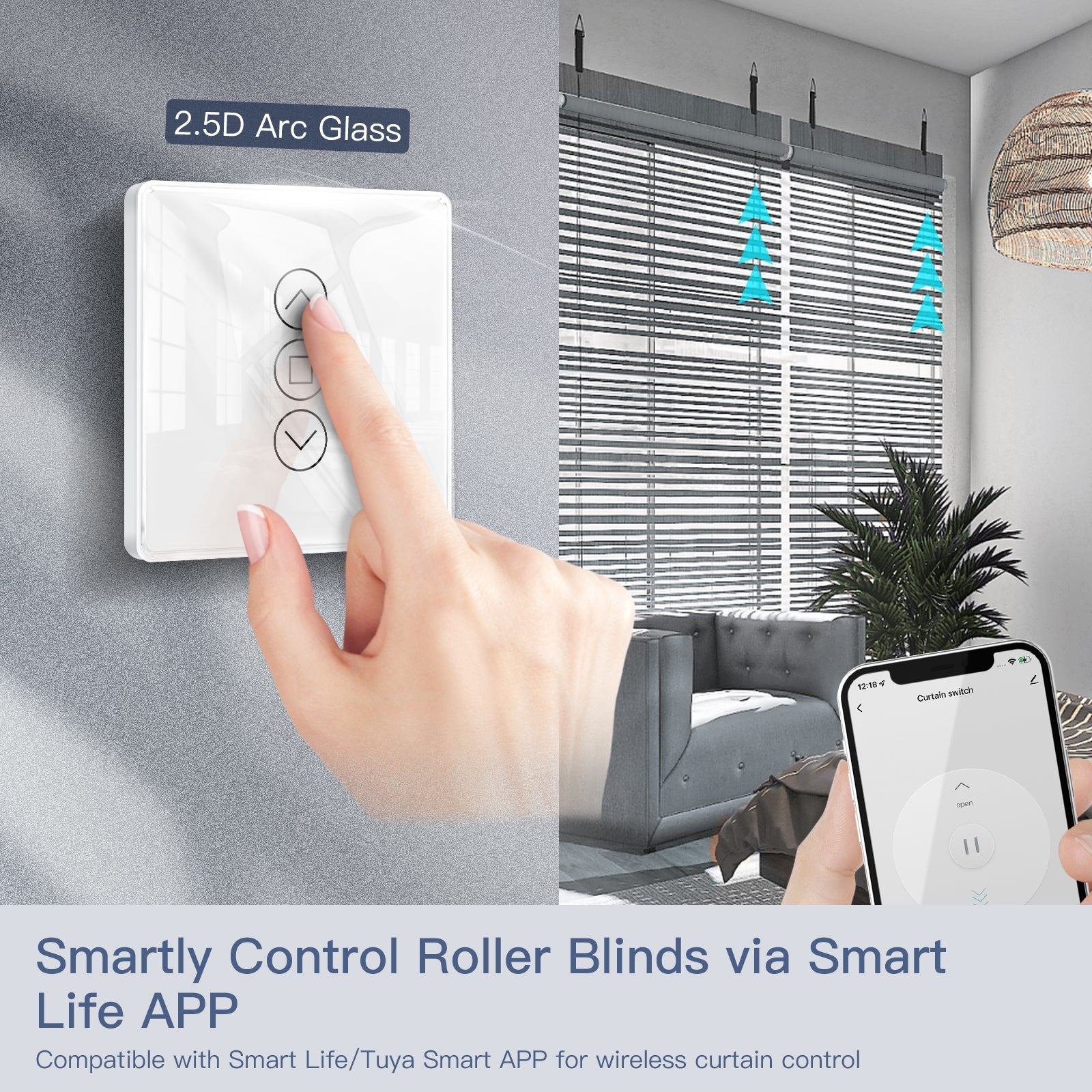 LumiMuse WiFi Curtain Switch RF433 Smart 2.5D Arc Glass Touch Panel for Roller Blinds Shutters