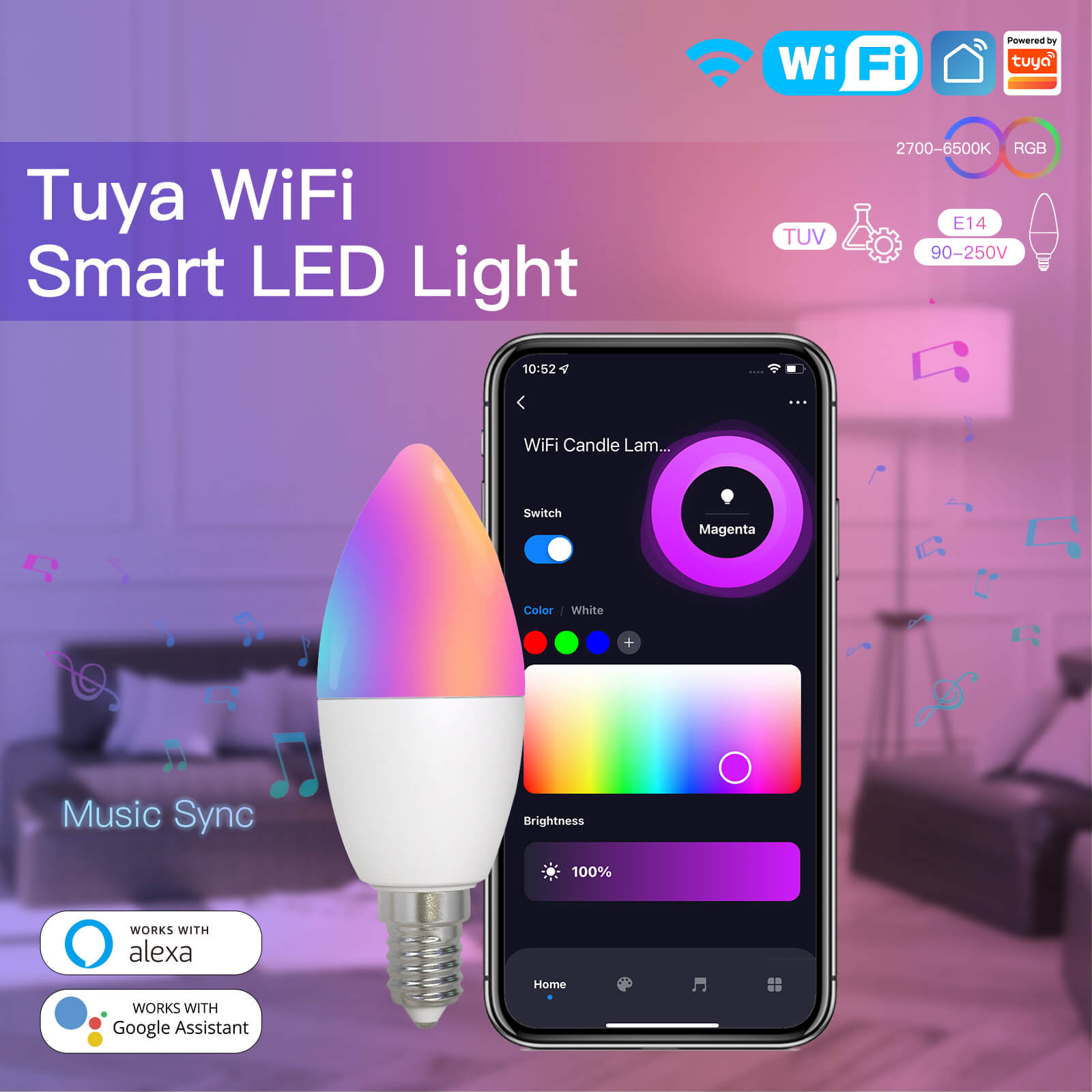 LumiMuse WiFi Smart E14 6W/ E12 5W Candle LED Light Candelabra Bulb RGBCCT 2700-6500K Alexa Google Voice Control