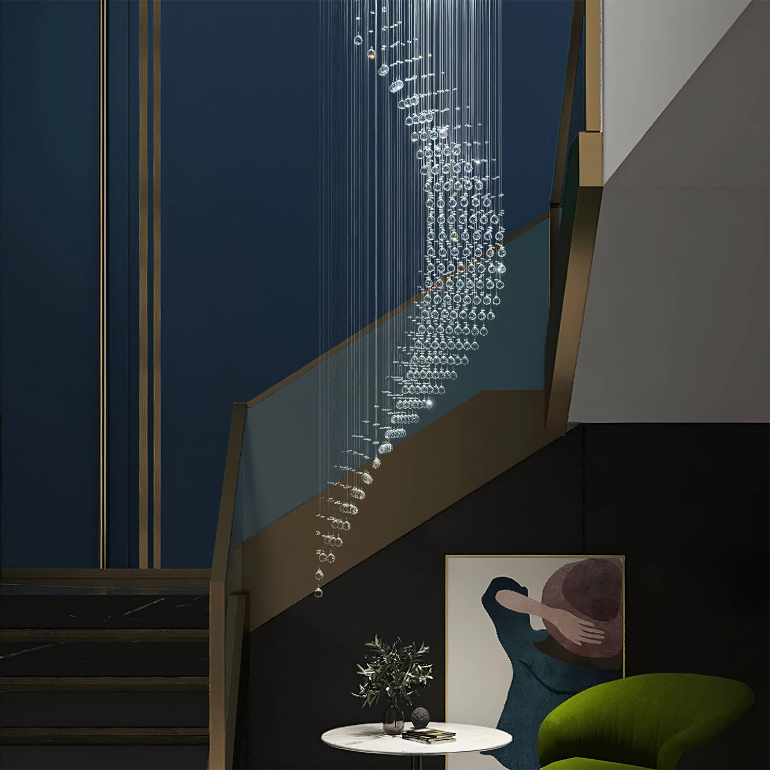 Moon Shaped Spiral Wave Raindrop Crystal Chandelier | LumiMuse