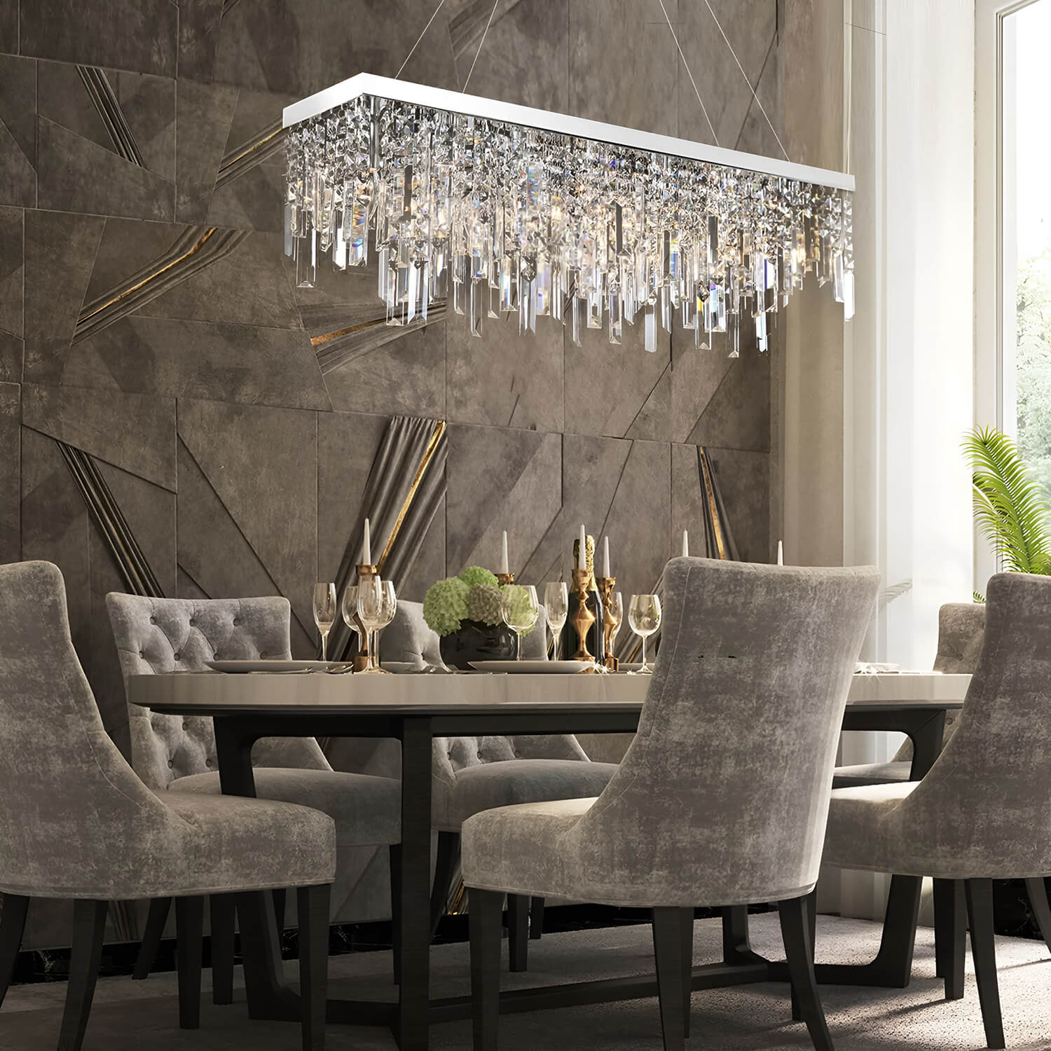 Rectangular Crystal Chandelier With Linear Design - Dining Room | LumiMuse