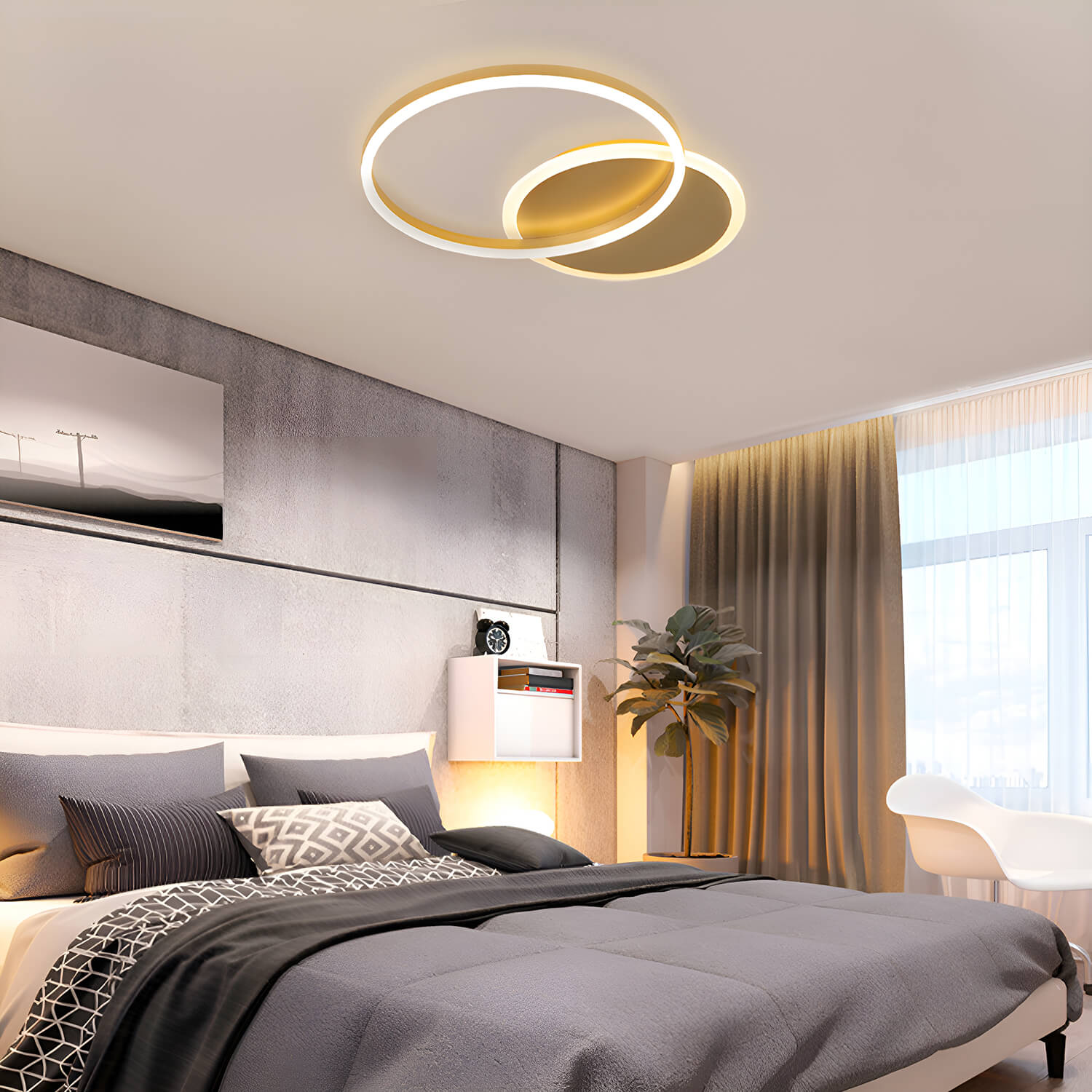 Modern LED Gold Ceiling Light Fixture with 2 Round Aluminum Rings | Lumimuse