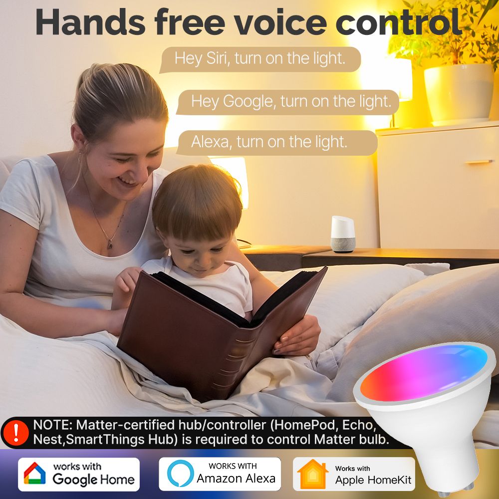 Tuya GU10 Matter WiFi Smart LED Bulb with Voice Control, Dimmable 5W Light 2700-6500K RGB Colors