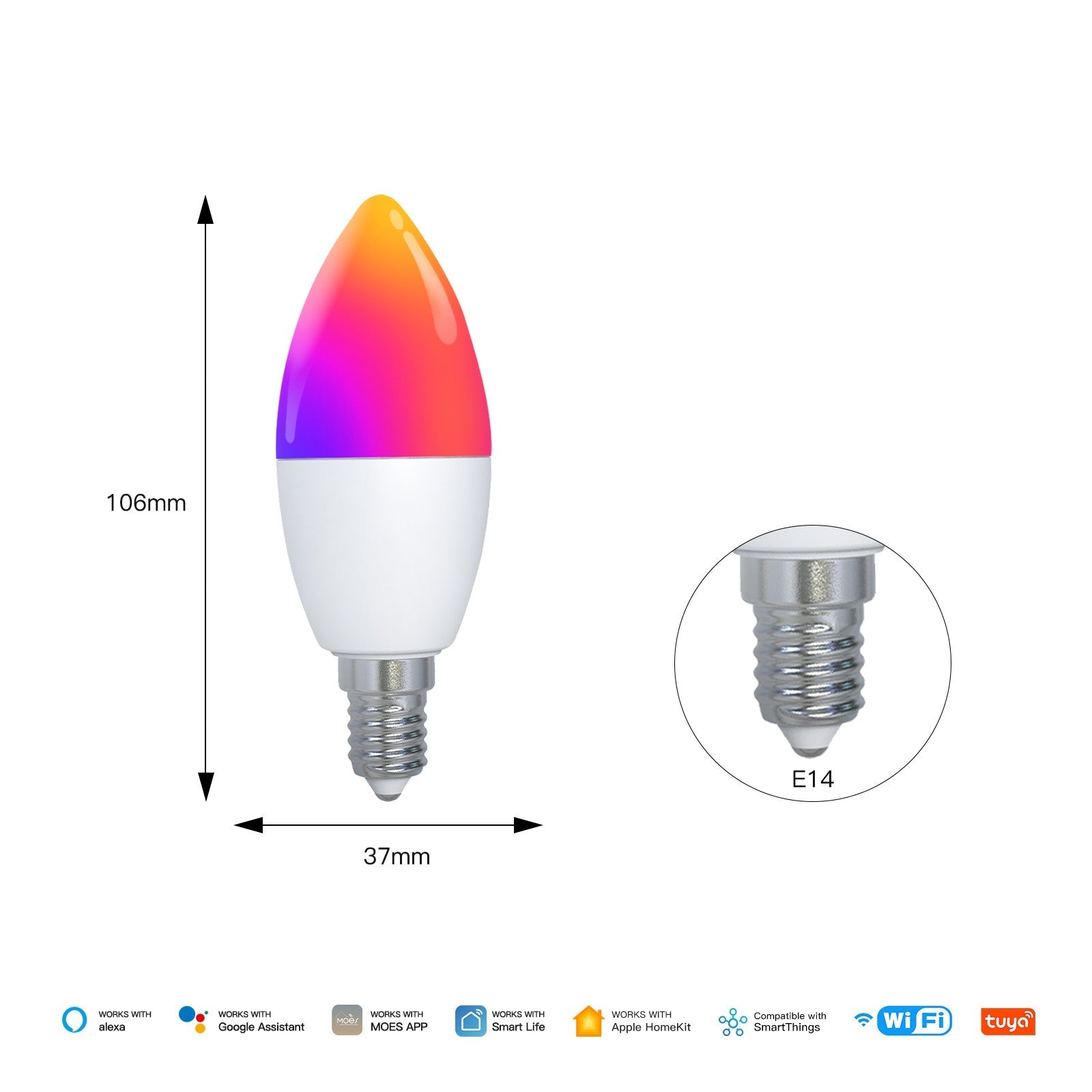 Tuya Matter WiFi Smart LED E14 Dimmable Light Bulbs 2700-6500K+RGB