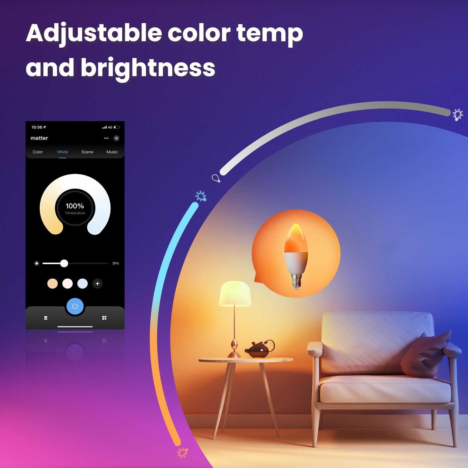 Tuya Matter WiFi Smart LED E14 Dimmable Light Bulbs 2700-6500K+RGB