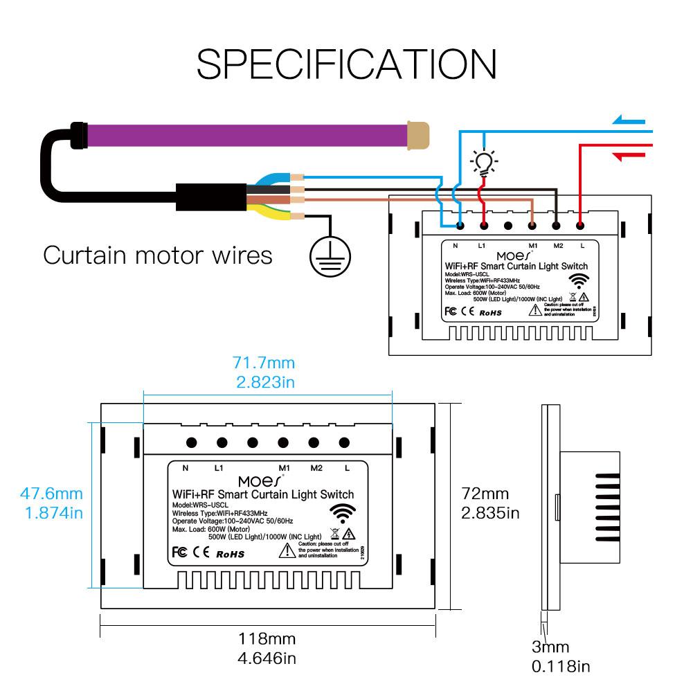 WiFi Curtain Light Switch RF433 Smart Glass Panel Curtain Light Touch Switch Single Pole Neutral Wire Required US