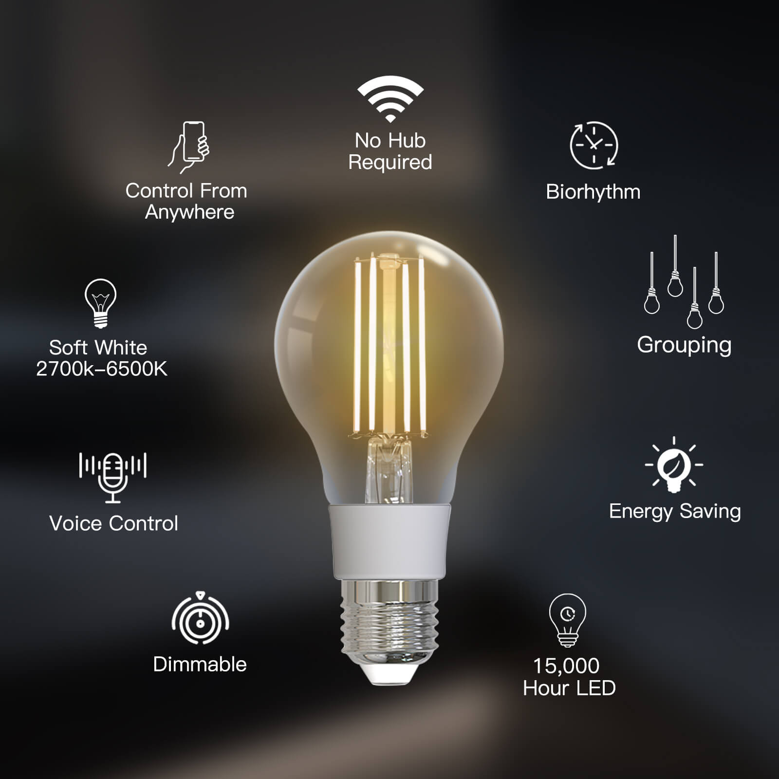 WiFi Smart Filament Bulb LED Light Lamp A60 E27 Dimmable Lighting Soft White 2700K-6500K 7W