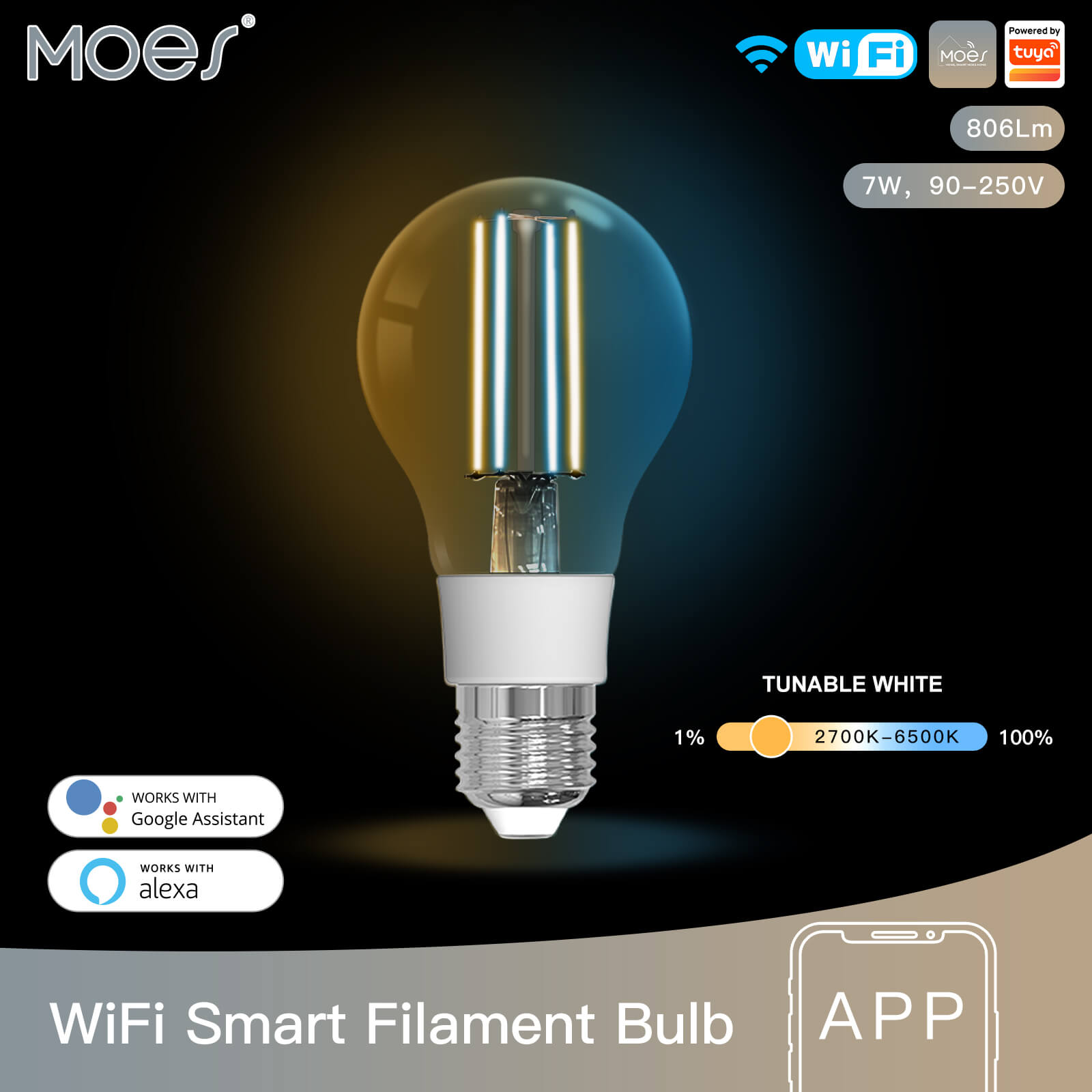 WiFi Smart Filament Bulb LED Light Lamp A60 E27 Dimmable Lighting Soft White 2700K-6500K 7W