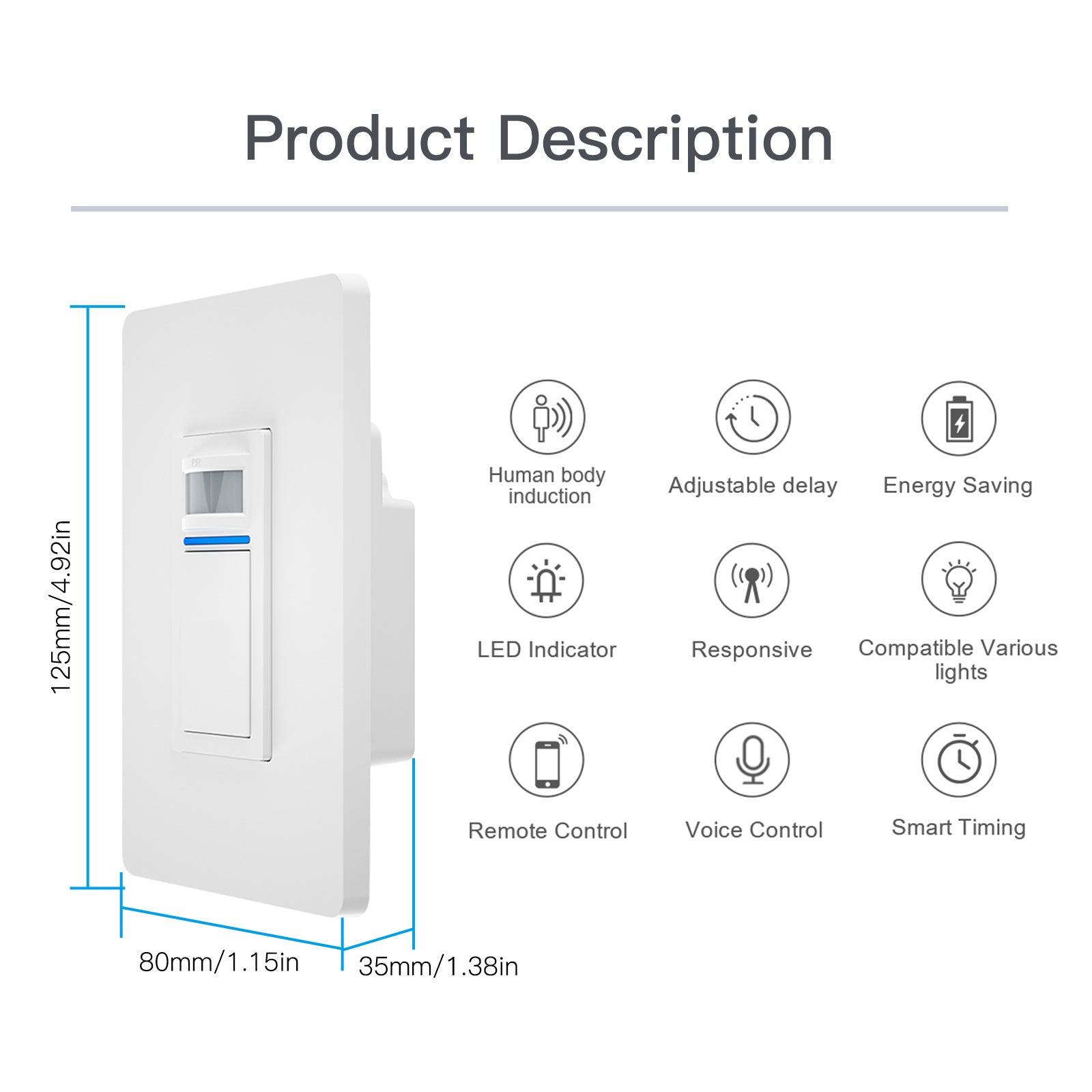 WiFi Smart Light PIR Motion Sensor Light Switch Single Pole Neutral Wire Required 110-125V