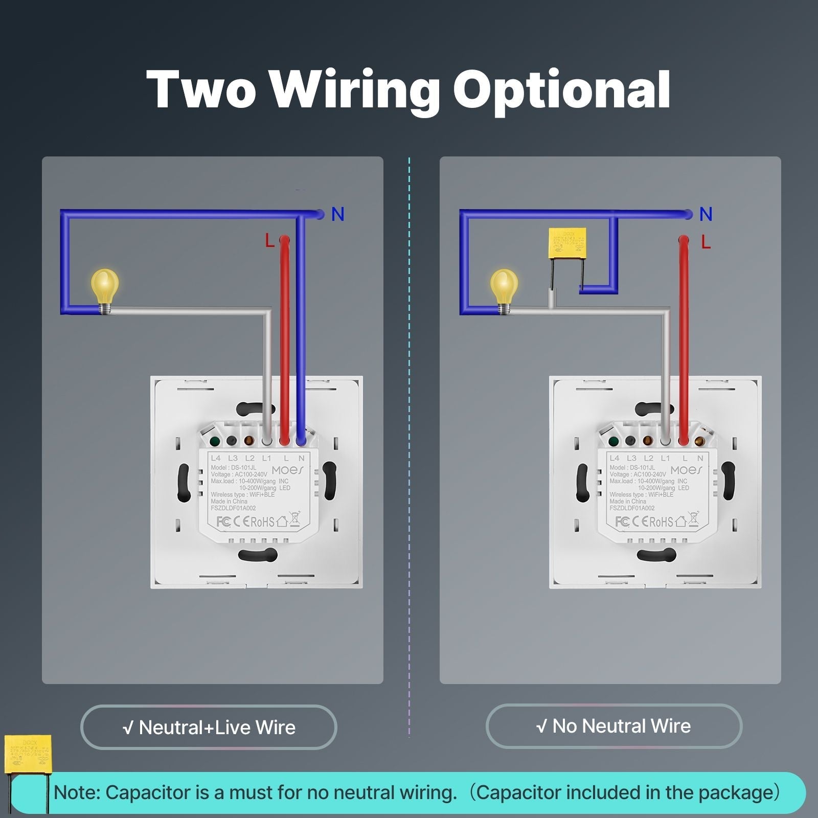 WiFi Smart Light Wall Touch Switch No Neutral Wire Required EU Standard