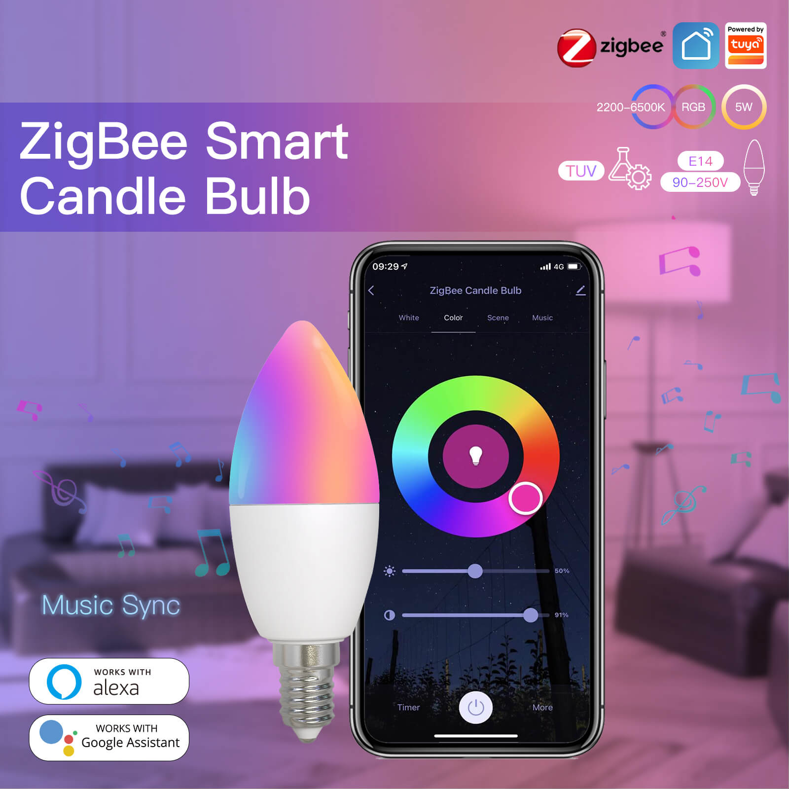 ZigBee Smart E14 Candle LED Light Candle Bulb 5W RGBCCT 2200-6500K Alexa Google Voice Control