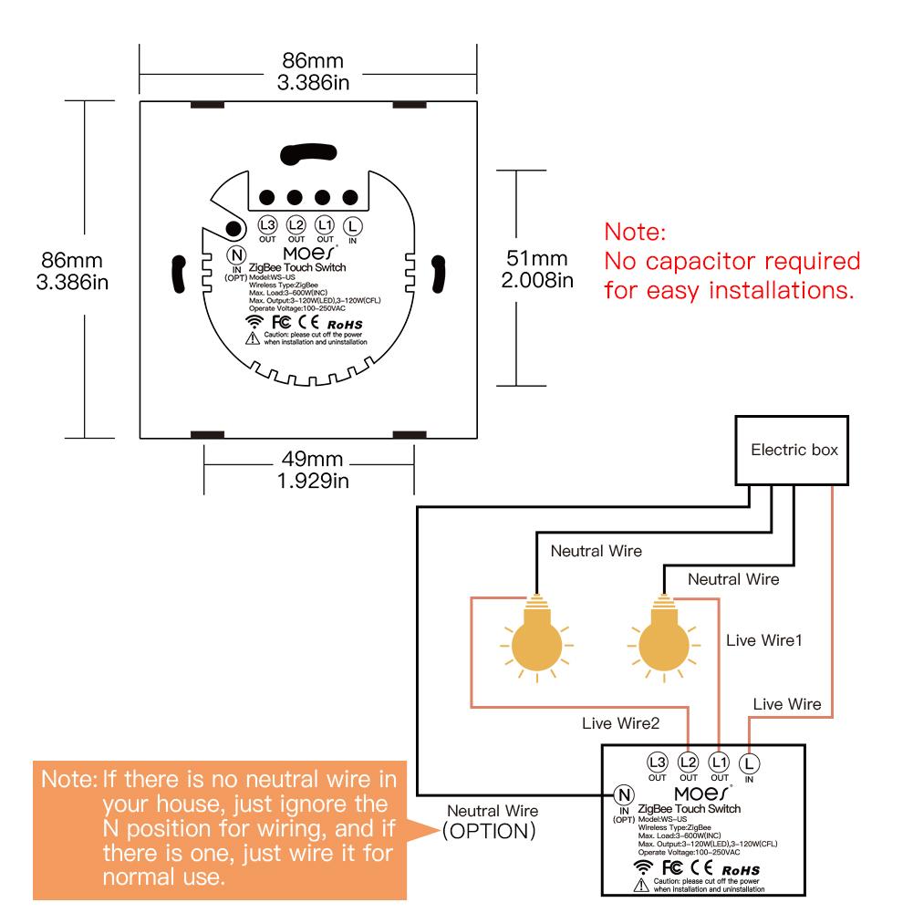 ZigBee 2 Way Light Switch, Touch Multi-Control Switch, Neutral Wire Optional, No Capacitor EU