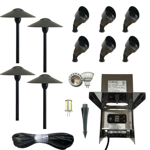 Lumimuse's Black Out Starter Kit includes High Path Lights, Urban Spotlights, a Multi-Tap Transformer, and Cable.